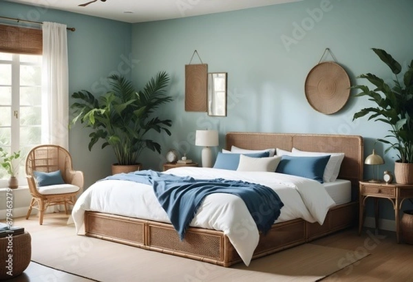 Fototapeta Rattan and Soft Textiles in Bohemian Minimalist Interior