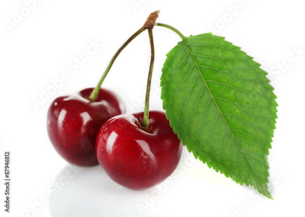 Fototapeta Fresh cherries with leaf isolated on white