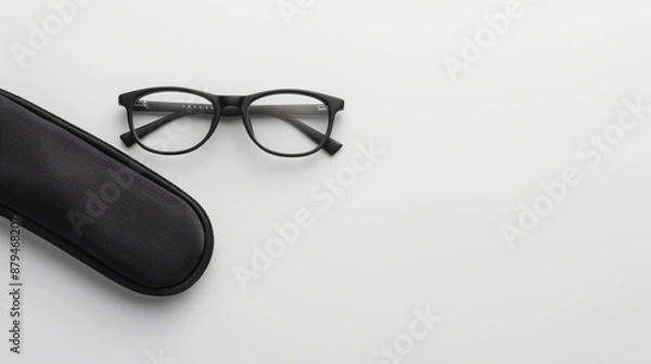 Fototapeta Eyeglasses and its case on white background, showcasing a minimalist and clean setup.