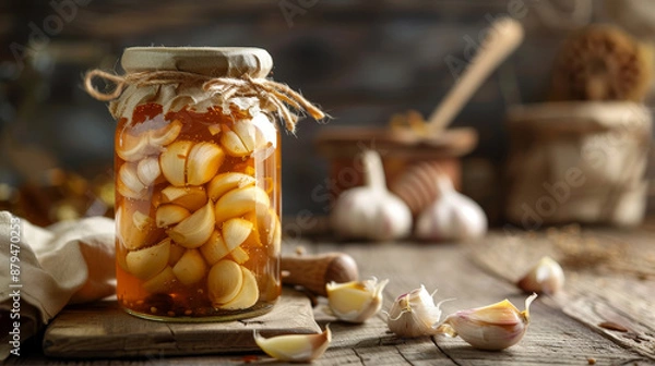 Fototapeta Close-up of sliced garlic cloves in honey, contained in a glass jar. Honey infused garlic.
