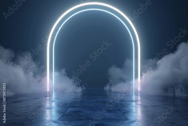 Obraz 3d render of glowing white neon light arch on dark blue background