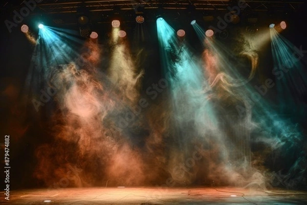 Fototapeta Multicolored smoke puff cloud design elements on a dark background - generative ai	. Beautiful simple AI generated image in 4K, unique.