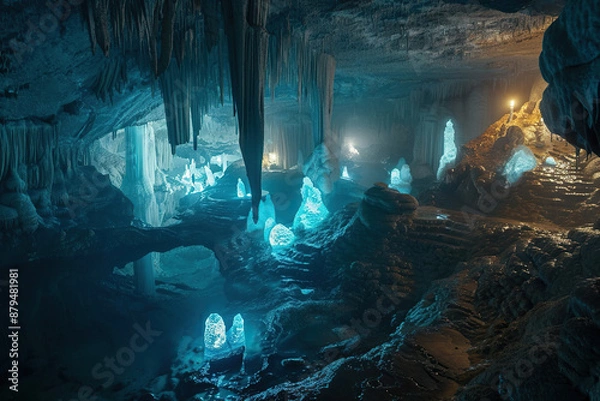 Obraz Generative ai on theme of a large beautiful sharp stalactites hanging down from deep mountain cave