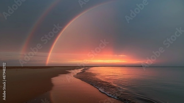 Obraz Vibrant sunset over a tropical beach with a rainbow arching across the sky capturing the beauty of a serene evening on the coast Illustration, Image, , Minimalism,