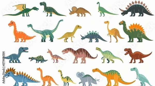 Fototapeta An image of assorted cartoon dinosaurs in a flat vector illustration, showcasing various dinosaur species in a green and brown-themed depiction, appealing to kids and enthusiasts.