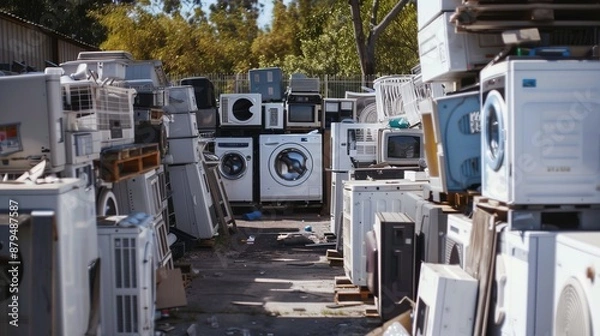 Fototapeta An outdoor yard filled with various discarded washing machines, showcasing the need for recycling and the challenges of disposing of electronic and household waste sustainably.