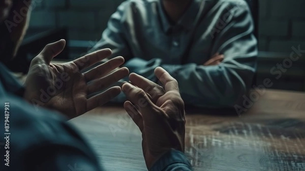 Fototapeta This image shows a prisoner seated at a table, gesturing with his hands while discussing his case with another individual, highlighting the communication and legal aspects incarcerated individuals fa
