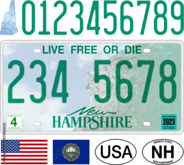 Fototapeta New Hampshire state car license plate pattern, letters, numbers and symbols, vector illustration, USA, United States