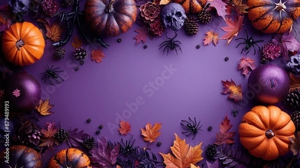 Fototapeta flat lay halloween decorations on purple background top view halloween banner mockup,pumpkins skeleton hands ghosts spiders webs maple leaves on purple background,stock image