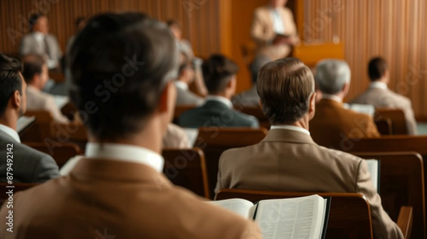 Fototapeta '' Jehovah's Witnesses teaching a Bible study class with participants engaged and open scriptures 