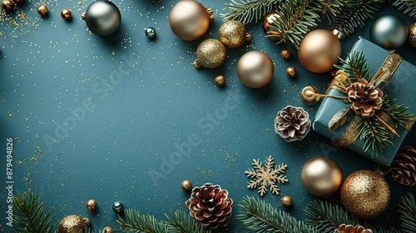 Fototapeta xmas greeting card template luxury blue christmas background,glittering gift box golden balls decorations fir branches in corner of greeting card,stock image