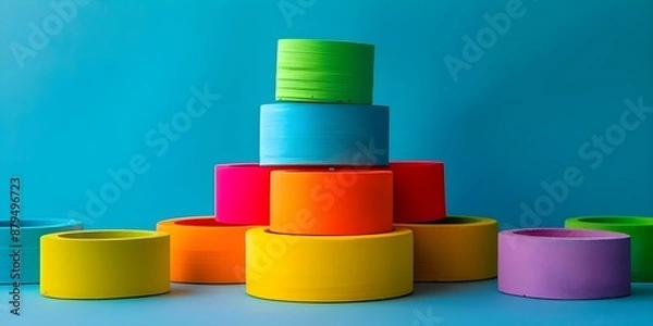 Obraz Vibrant Display for Marketing Kids Toys on Colorful Pedestals. Concept Toy Photography, Marketing Presentation, Colorful Display, Pedestal Setup, Vibrant Marketing