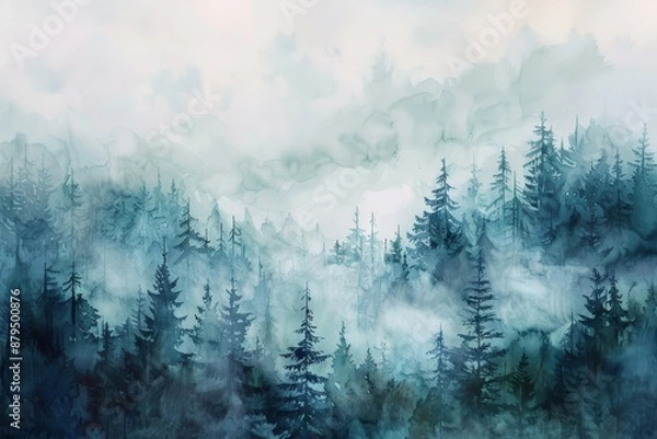 Fototapeta Watercolor-style landscape of mountains and forests, painted nature. Generative AI. Beautiful simple AI generated image in 4K, unique.