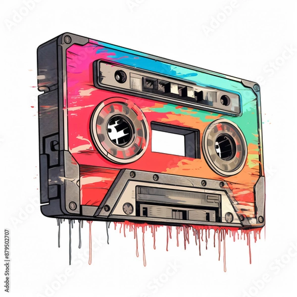 Fototapeta T-shirt pattern design of an old-school cassette tape, vintage, pastel palette, nostalgic. Suitable for t-shirt or sticker ready to print. Retro-Vintage.[A-0002]