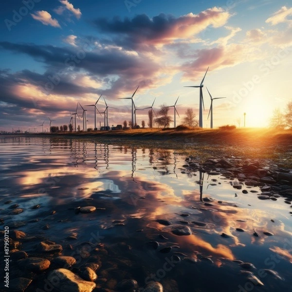 Obraz A scenic view of wind turbines near the shore at sunset, reflecting on the water with a dramatic sky.