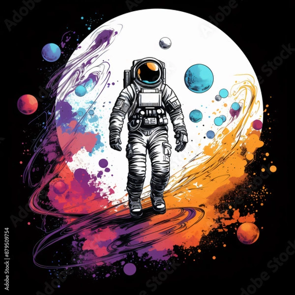 Fototapeta T-shirt pattern design of a retro astronaut, vintage, cosmic colors, dreamy. Suitable for t-shirt or sticker ready to print. Retro-Vintage.[A-0004]