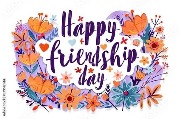 Fototapeta Happy Friendship day colorful typography vector illustration with cute hearts and friendship elements on a blue background. Friendship day poster, banner, greeting card template design.