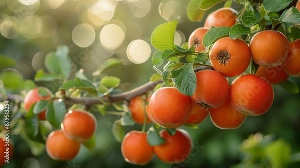 Fototapeta A cluster of ripe persimmons hangs from a persimmon tree, their orange color contrasting beautifully with the greenery