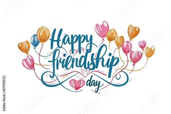 Fototapeta Happy Friendship day colorful typography vector illustration with cute hearts and friendship elements on a blue background. Friendship day poster, banner, greeting card template design.