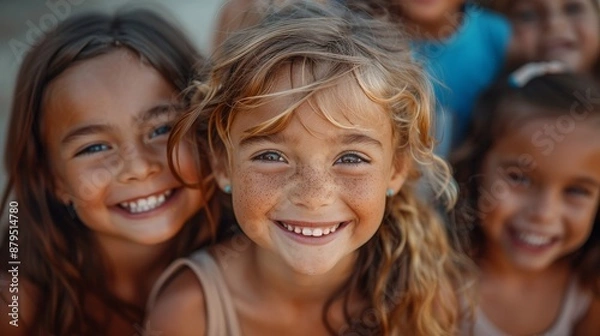 Obraz The photograph captures the joy and happiness of a group of cheerful, diverse children in an outdoor setting.