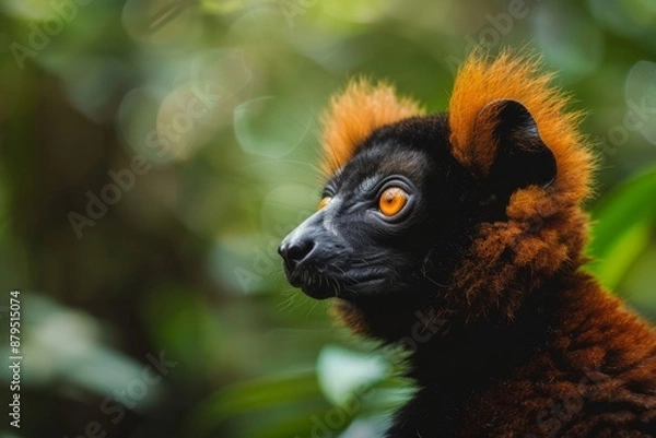 Fototapeta Stunning view of a red-furred lemur navigating through dense, lush foliage of a tropical forest, with a focused look and vibrant surroundings.