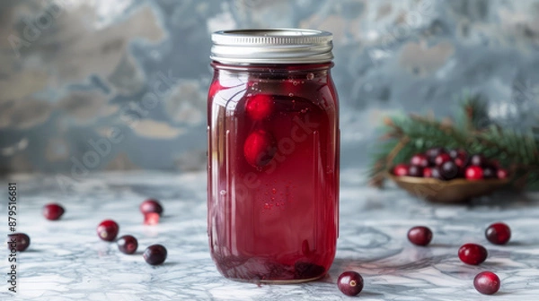 Fototapeta Mason jar filled with cranberry kombucha, healthy probiotic drink for gut health and festive beverages