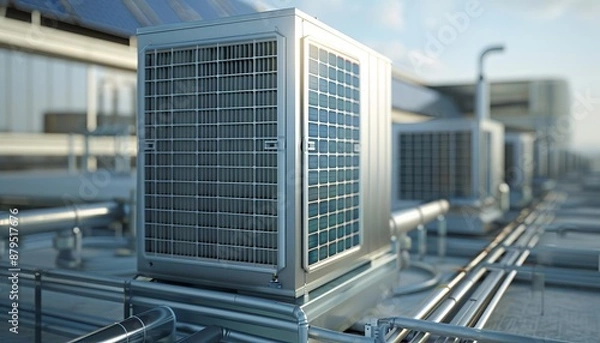 Fototapeta 3D rendering of an air source heat pump with solar panels on the roof of a commercial building Close-up view focuses on the exterior unit and pipes connecting to it The background