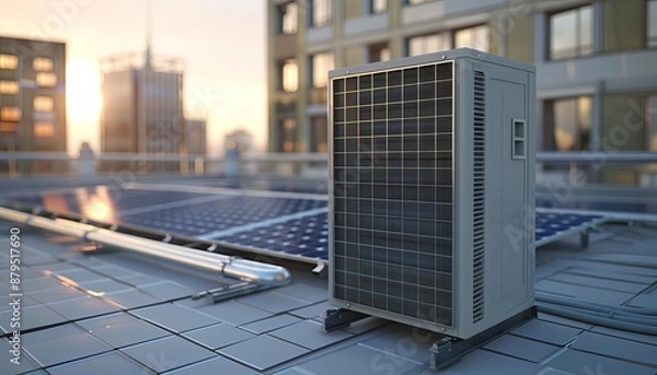Fototapeta 3D rendering of an air source heat pump with solar panels on the roof of a commercial building Close-up view focuses on the exterior unit and pipes connecting to it The background