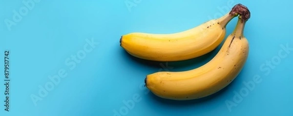 Fototapeta Minimalistic creative concept of two bananas on blue background, top view Flat lay style