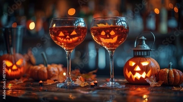 Fototapeta The bar counter is decorated with carved pumpkins, lanterns, and pumpkin martinis, creating a festive and spooky atmosphere.