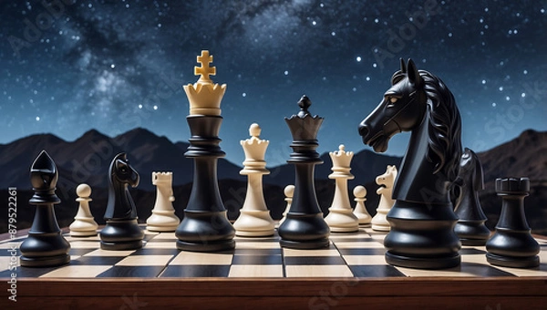 Fototapeta International chess day, chess pieces on a board in front of a starry night sky background