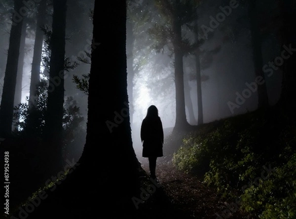Fototapeta Mysterious and scary silhouette of a stalker following you in the forest. Generative AI.