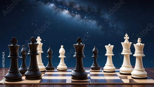 Fototapeta International chess day, chess pieces on a board in front of a starry night sky background