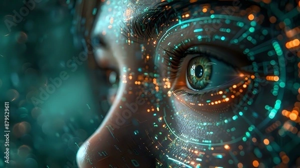 Fototapeta Close-up of a woman's eye with digital circuitry overlay, symbolizing technology and futuristic vision. Ideal for tech blogs, AI articles, and innovative design projects.