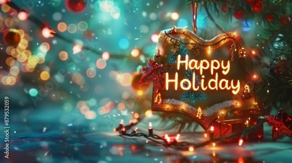 Fototapeta Festive holiday scene with "Happy Holiday" sign, fairy lights, colorful bokeh, and decorations. Perfect for seasonal greetings and celebrations.