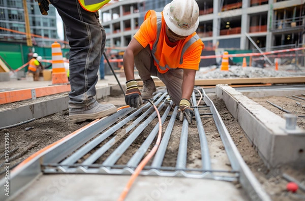 Fototapeta Worker Installing Electrical Infrastructure on Site
