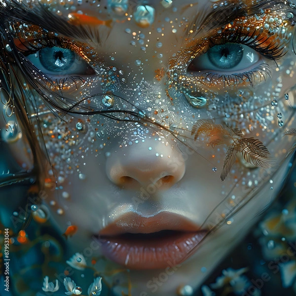 Fototapeta A stunning close-up of a woman's face with captivating blue eyes, adorned with intricate underwater-themed makeup, featuring pearls and aquatic elements, evoking a mystical