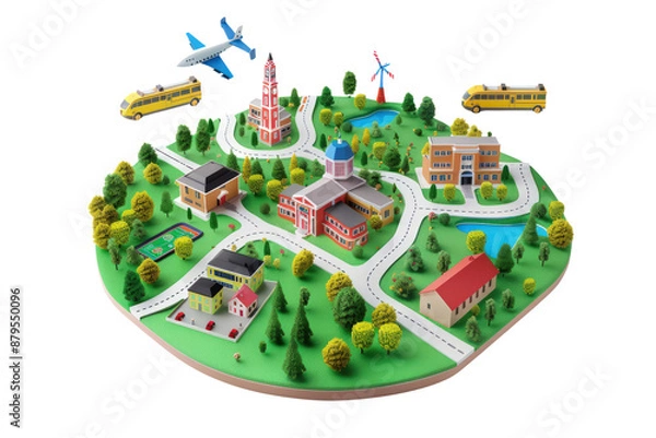 Fototapeta A city scene with a school, a bus, and an airplane, illustrations, clipart, isolated on a transparent background.