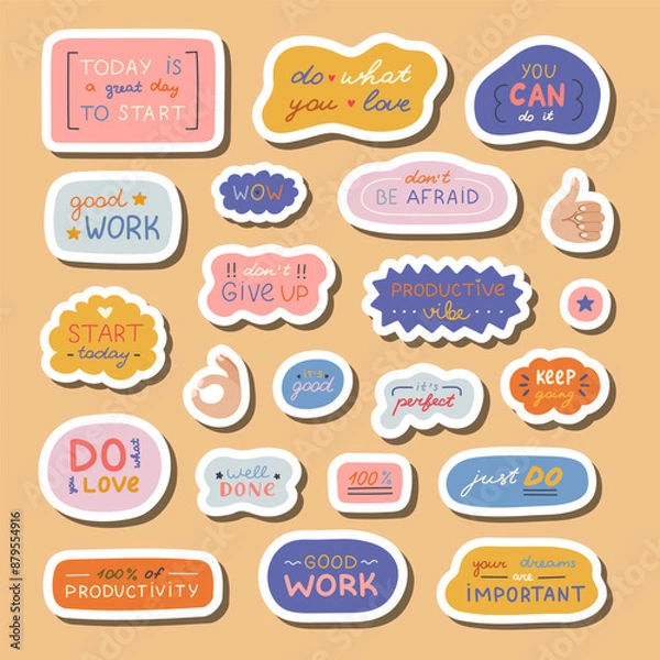 Fototapeta Big set of stickers with handwritten lettering with motivational. cheering phrases for planners, notebooks. Ready for print list of cute stickers. Inspirational typography for good job, achievement.