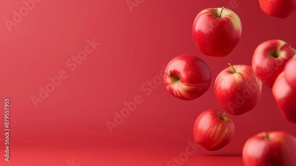 Fototapeta Artistic red apples levitating against a red backdrop, emphasizing modern design and vibrant colors, detailed and high-resolution, no people, focus cover all object