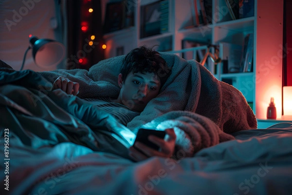 Fototapeta one addicted teenager at the phone using it late night in his bedroom under the blanket in his bed - social media and network addicted concept and lifestyle