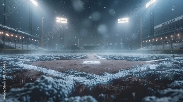 Fototapeta A floodlit baseball field covered in snow during late evening snowfall, creating a mesmerizing and serene winter sport atmosphere, perfect for an evening game venue.