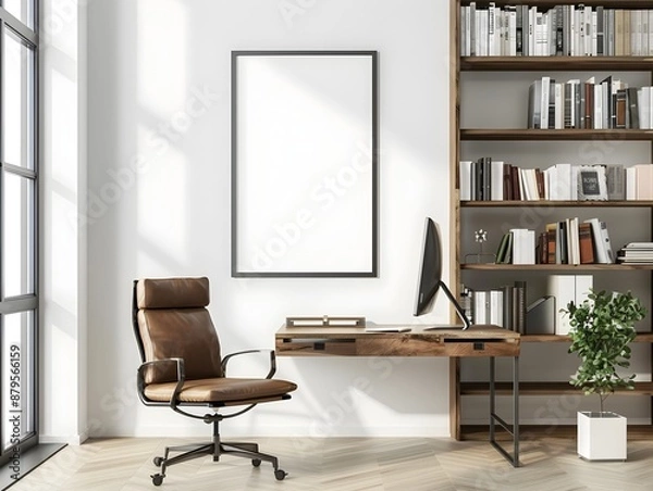 Fototapeta Minimalist Home Office with Clean Bookshelf and Frame Mockup,3D Rendering