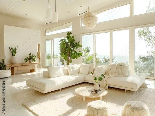 Fototapeta Bright and airy modern living room showcasing a clean contemporary design aesthetic with sleek white furnishings lush greenery and a statement light fixture creating a cozy and inviting atmosphere 