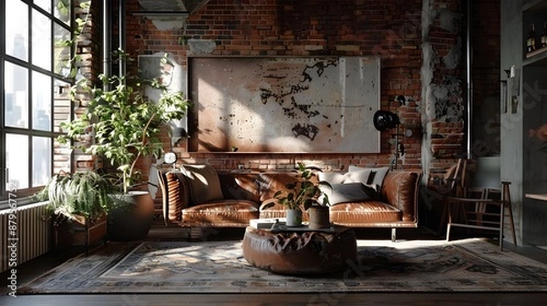 Fototapeta Cozy industrial chic living space featuring exposed brick walls a distressed leather sofa and a reclaimed wood coffee table creating a warm and inviting loft like atmosphere 