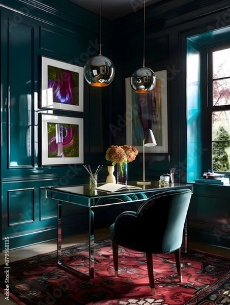 Fototapeta Sophisticated Art Deco Inspired Home Workspace with Sleek Lacquered Desk Geometric Pendant Lighting Mirrored Accents and a Curated Gallery Wall Featuring Abstract Prints