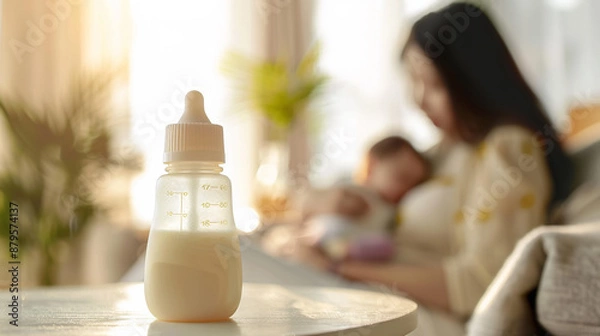 Obraz A baby feeding bottle filled with milk sits on a table in a bright room. In the background, out of focus, a mother lovingly cradles her newborn in her arms while sitting on a sofa