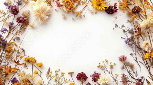 Obraz 秋の白背景にシンプルなフレームでおしゃれな花ドライフラワーデザインあしらい素材
