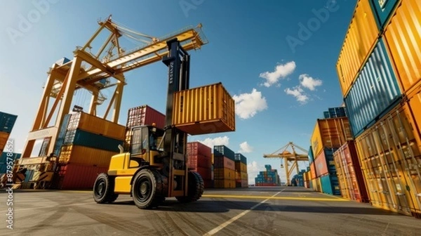 Fototapeta Industrial forklift handling shipping containers in a bright, colorful port, realistic style, crisp details, clear sky