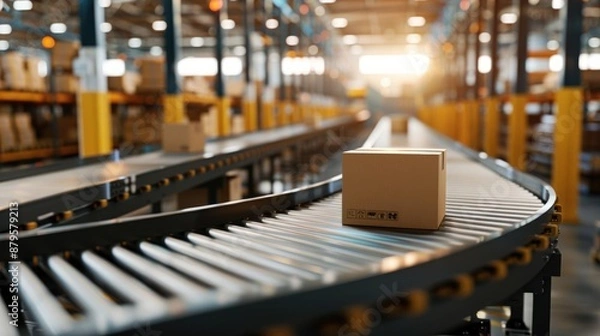 Fototapeta A conveyor belt in a warehouse with boxes moving along, realistic style, high detail, soft focus background